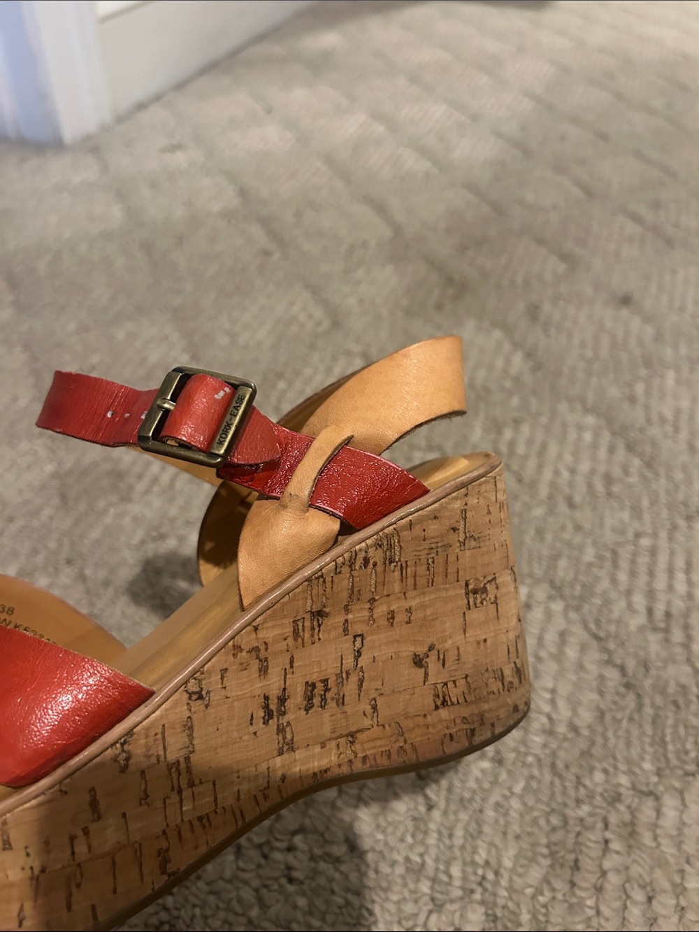 Kork-Ease Women's Red Leather Cork Wedge Sandals - Picture 9 of 13